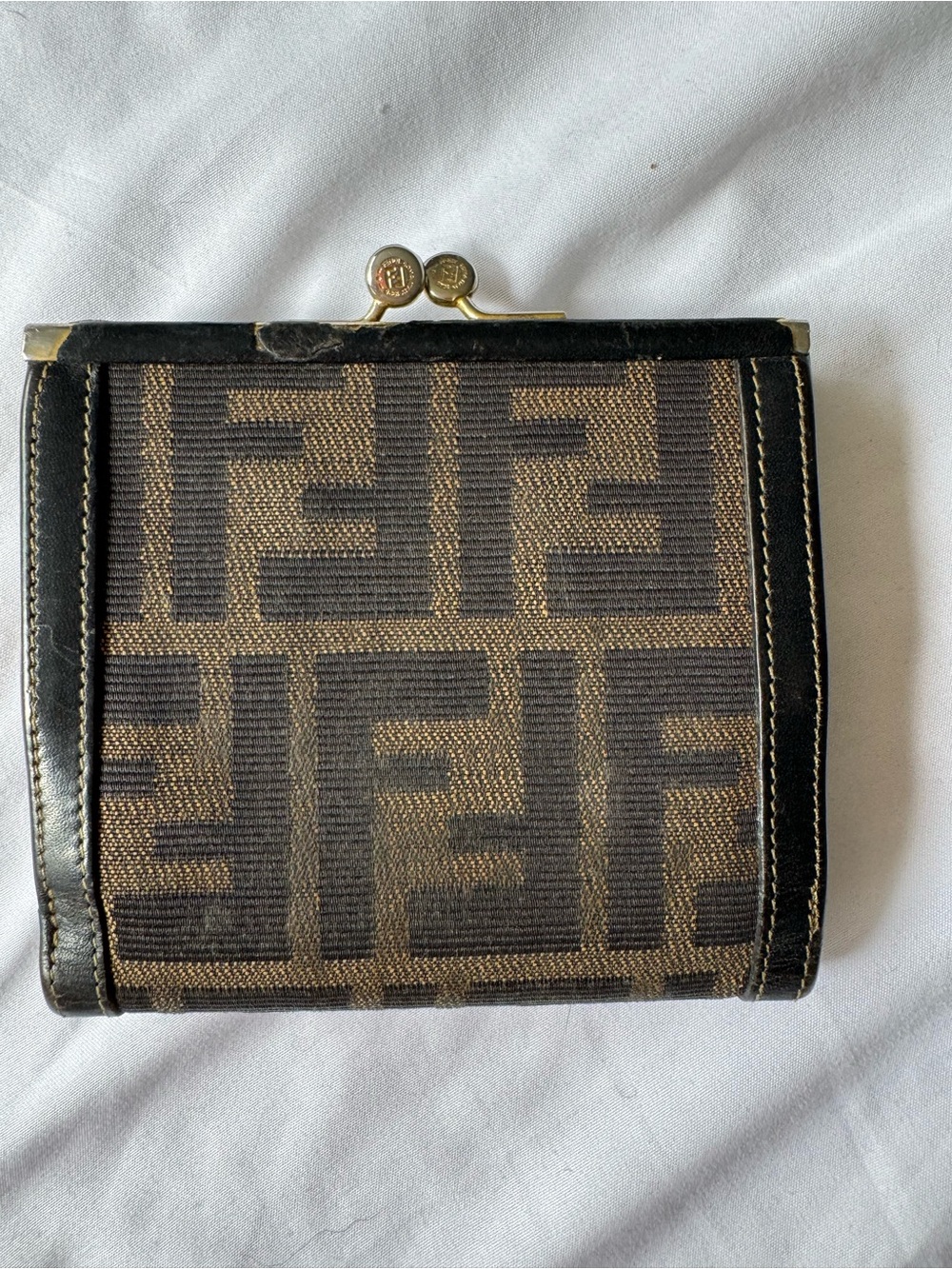 Vintage Fendi FF Zucca Monogram Bi-Fold Wallet Kiss Lock Coin Purse